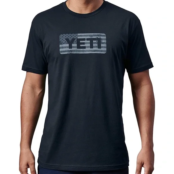 NWT YETI Flag Badge Shirt Sleeve Cotton T-Shirt in Navy - Picture 1 of 5